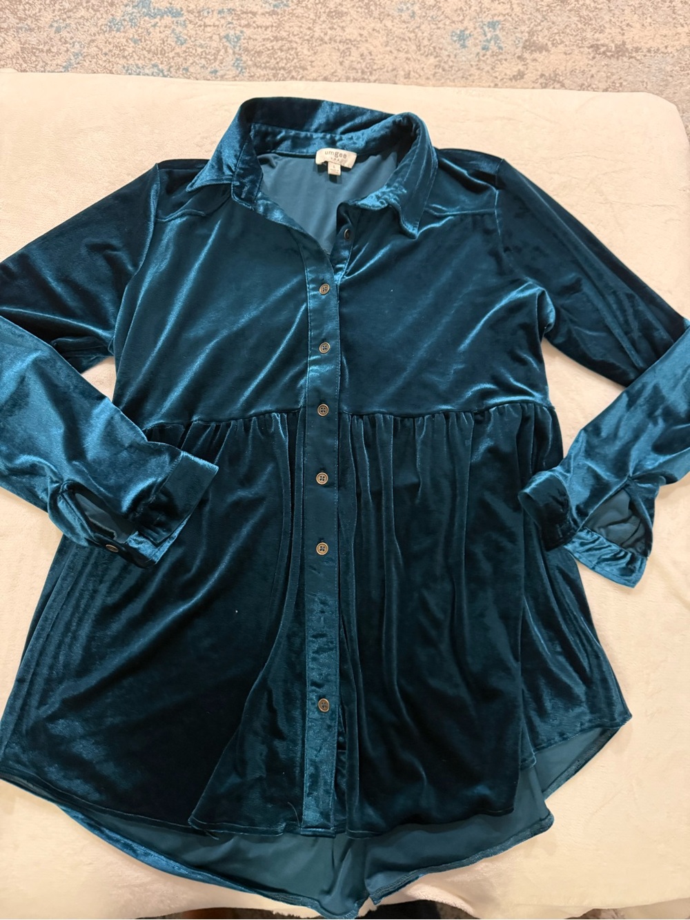 Umgee Velvet Babydoll Tunic Women L Teal Blue Long Sleeve Button Front E04